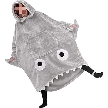 Haj-fleecetæppe med hætte, bærbar fleecetrøje til kvinder og mænd, superblødt varmt hyggetæppe med ærmer og kæmpe forlomme til voksne, teenagere