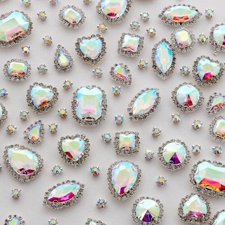 100 st blandade former påsybara strasstenar med silverkloinfattning för smycken, kläder, skor, kostymer, AB Vit