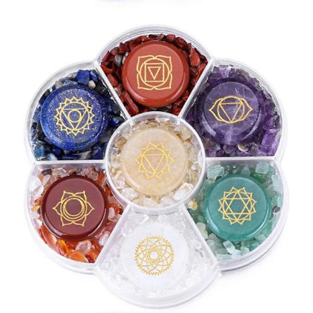 Chakras Reiki Healing Krystaller og Steiner Kit Chakra Symboler Polerte Håndsteiner Tumlede Chips Knuste Krystaller Sett med 7 for Yoga Meditasjon 