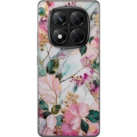 Kompatibel Mobilcover til Xiaomi Redmi Note 14 Pro Abstrakt marmormønster med blomster, blade og gyldne detaljer i bløde pastelfarver