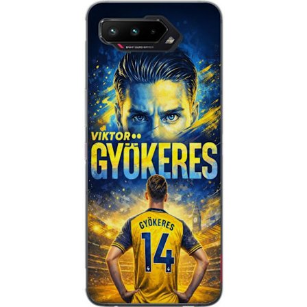 Kompatibel Mobilcover til Asus Asus ROG Phone 5 Viktor Gyökeres fodboldplakat i gul og blå farve med dramatisk stadionbaggrund, sportsillustration f