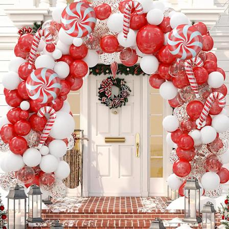 Julballonggirlangbåge-kit - 118 stycken röda, vita och konfettiballonger i latex med pepparkaksballonger för julgodis