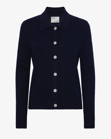 Women Merino Wool Collar Cardigan - Navy Blue S