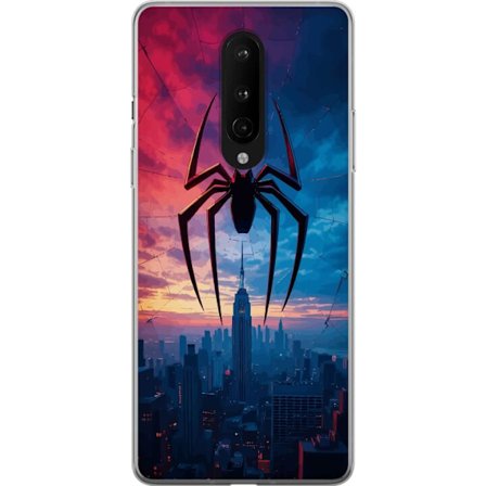 Yhteensopiva Puhelinkuori OnePlus OnePlus 8 Tyylikäs hämähäkki kaupungin horisontin yläpuolella dramaattisessa auringonlaskussa, graafinen fantas