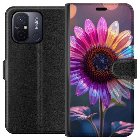 Kompatibelt Lommeboketui til Xiaomi Redmi 12C Irideserende blomst med glitrende kronblad i rosa lilla og gull mot myk bokeh bakgrunn