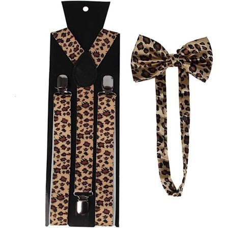 Unisex hängslen fluga set bred leopardmönster justerbar 3 clip-on Y-rygg bälte, gul