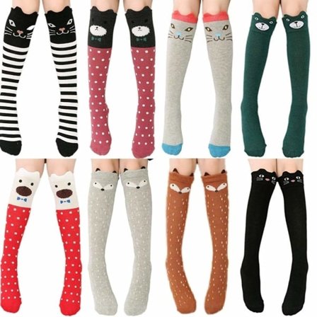Sokker med tegneserie-dyr for barn, katt, bjørn, fugl, bomull, over knesokker, 8 farger, én størrelse