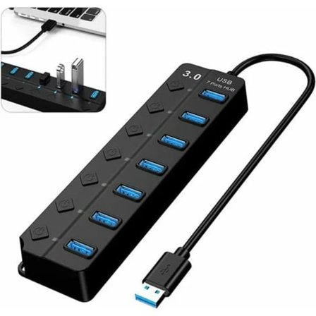 USB 3.0 Hub, Multi 7 Porter USB Strøm med Individuell Bryter, Strømforsynt USB 3.0 Hub, Flere USB-porter for PC, Laptop