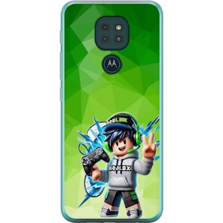 Kompatibelt Mobildeksel til Motorola Moto G9 Play Roblox-inspirert gamerfigur med headset, håndkontroll og energiske effekter mot grønn bakgrunn