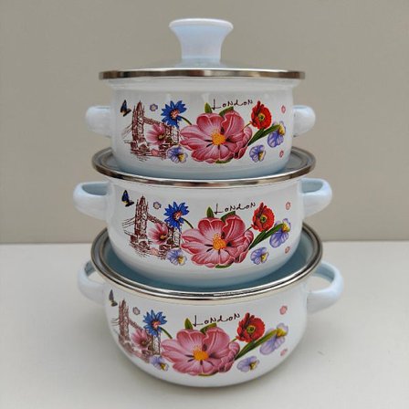 3-pack emaljerade kastruller, stapelbara soppkastruller, emaljkastruller, restaurangkvalitet, platt botten, gryta