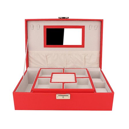 Stor smyckeskrin i PU-läder med spegel, röd