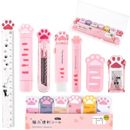 9 stk. Søtt Kattepote Skrivesaker Sett, Tegneserie Kawaii Blyantspisser Uttrekkbar Viskelær Korreksjonstape Klistrelapper Linjal (rosa)