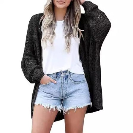 Heklet cardigan, kimono, boho, lange ermer, lett, myk, oversized svart L