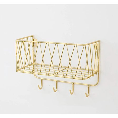 Vägghylla flytande hylla med metallgaller, vägghylla med krokar, handdukshållare, väggklädhängare flytande heminredning