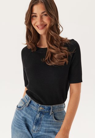 SELECTED - Slfelinna New Ss Knit Top Noos - Black - Kläder - - Bubbleroom