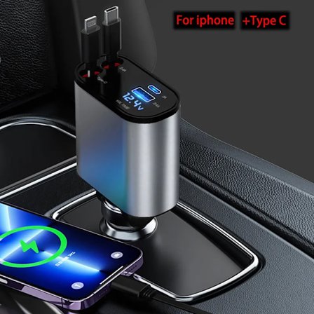4 IN 1 Uttrekkbar Bil lader USB Type C kabel For IPhone Samsung Rask Lade ledning Sigarett lighter