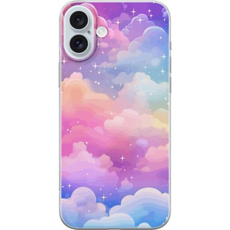 Kompatibelt Mobildeksel til Apple iPhone 16 Plus Søt enhjørning med regnbuefarget hår mot en stjernebelagt pastellbakgrunn i kawaii-stil