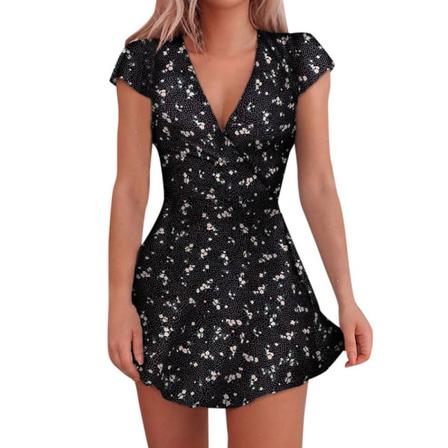 Sommar Sexig Kort Klänning Kvinnor V-neck Slim Print Mini Sun