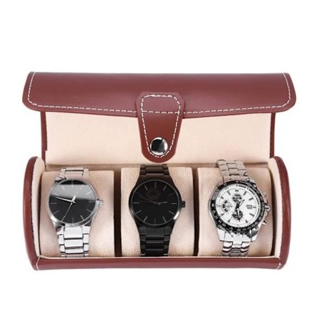 Cuque 3-roms sylinderklokkestativ, klokkerulleholder, armbåndsur utstillingsveske, smykke gaveoppbevaringsboks (brun)