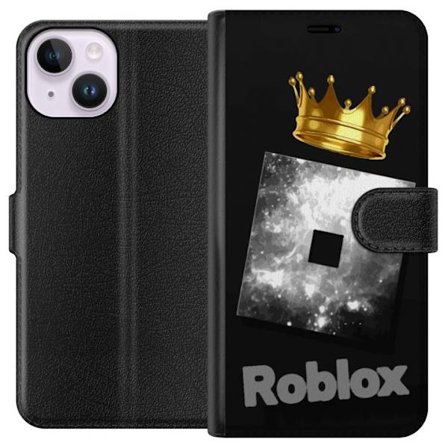 Kompatibelt Lommeboketui til Apple Apple iPhone 15 Minimalistisk svart og sølvfarget Roblox-symbol med gylden krone og luksuriøs gamer-estetikk på