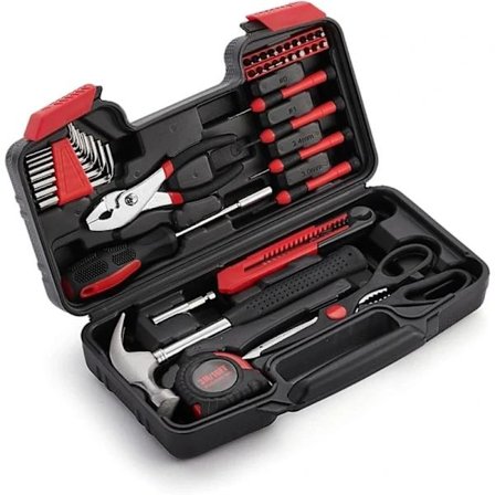 39-delars verktygssats, portabel verktygslåda, DIY-kit lämplig för hushållsreparationer, montering, underhåll, röd