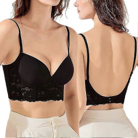 Lågskuren BH för kvinnor Push Up Djup V Rygglös BH Spetsbygel Konvertibel BH Svart 32A