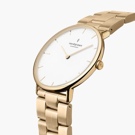 Nordgreen Dame Dansk Minimalistisk Analog Ur - Guld Urkasse - Hvid Skive - 36mm Guld Rustfrit Stål