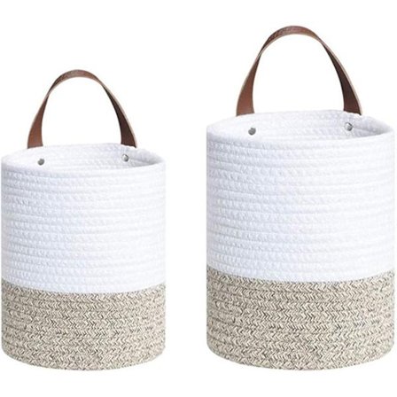 2-pack rep hängande korg med läderhandtag, förvaringskorgar i bomullsrep