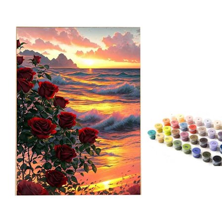 Rose maling efter tal for voksne, bjergmaleri opdelt efter børn begynder akrylmaling, DIY oliemaleri som boligdekoration gave