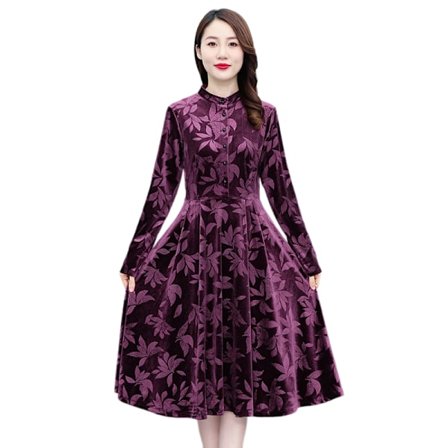 Efterår og vinter langærmet Cheongsam kjole High-end temperament elegant kjole til kvinder (lilla 3XL)