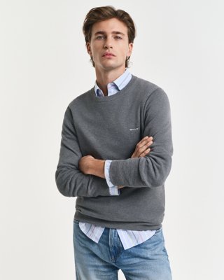 GANT - Genser med rund hals i bomullspiqué til herre dark grey melange