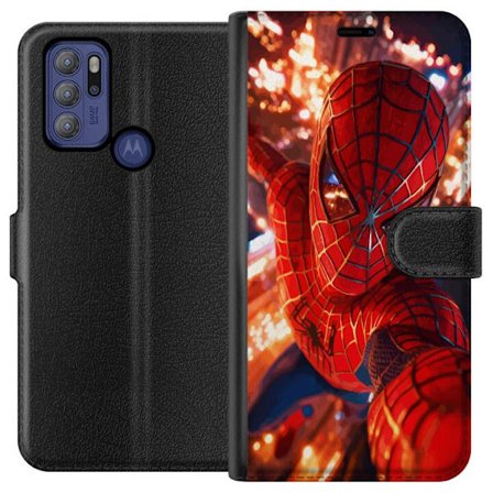 Kompatibelt Plånboksfodral till Motorola Motorola Moto G60S Spider Man i intensiv action med gnistrande ljus och dynamiskt perspektiv i filmisk super