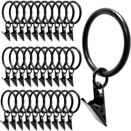 30 stk gardinringer med klips, gardinkroker i metall, gardinklips, 35 mm diameter ringer for vindu- og dusjgardiner