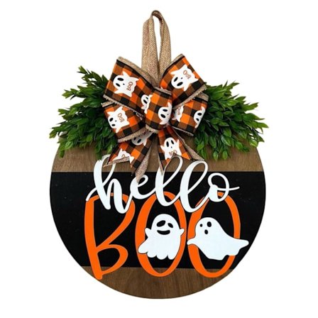 Halloween Söt Spöke Trädörrhängare Skylt - "Hello Boo" Design med Rutig Rosett & Grönska, Festlig Dekor för Ytterdörr, Bondgård