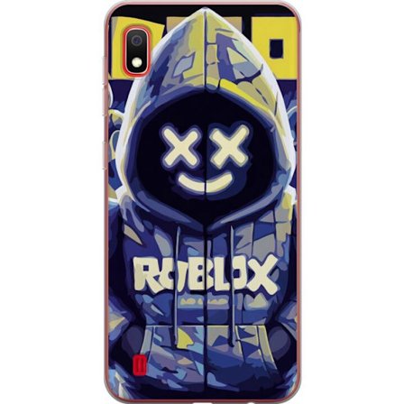 Kompatibelt Mobildeksel til Samsung Samsung Galaxy A10 Blågul Roblox hettegenserfigur med minimalistisk neonstil og masket ansikt, moderne spillillus