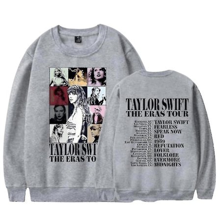 Taylor Swift The Eras Tour Trykt Unisex Sweatshirt Langærmet Rund Hals Afslappet Løs Pullover Toppe, 2XL, Grå