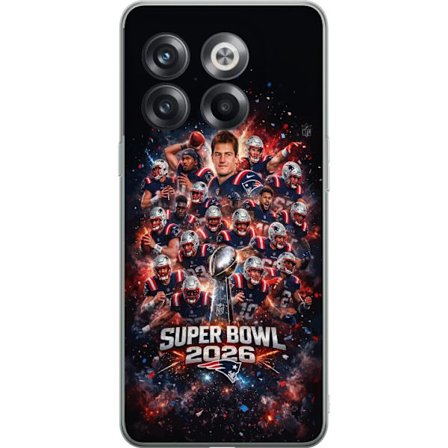 Yhteensopiva Puhelinkuori OnePlus 10T Super Bowl 2026 juliste, jossa New England Patriots ja NFL-mestaruuspalkinto räjähtävän urheilullisessa suunnitt