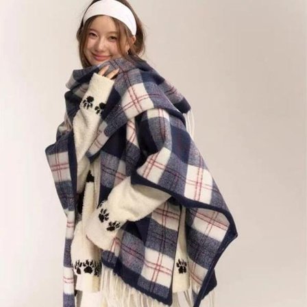 Rutete skjerf med dusk i blandet vintage-stil, trendy ny stil 2025, stort skjerf med dobbel funksjon som sjal og omslag for kvinner