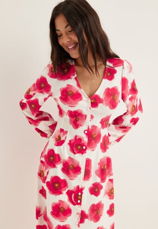 BUBBLEROOM - Midi Button Volume Sleeve Dress - Red/Floral