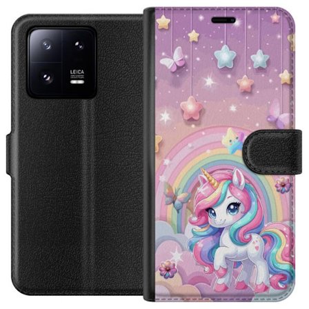 Kompatibel Tegnebogsetui til Xiaomi 13 Pro Magisk enhjørning med regnbue manke, stjerner og sommerfugle mod en pastelfarvet himmel med skyer