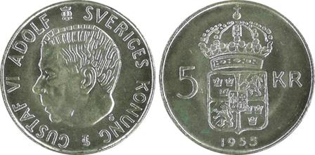 Sverige 1955 - Gustav VI Adolf - 5 kr. sølvmønt