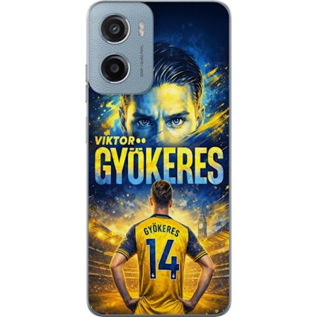 Kompatibelt Mobildeksel til Motorola Motorola Moto G05 Viktor Gyökeres fotballplakat i gult og blått med dramatisk stadionbakgrunn, sportillustrasjo