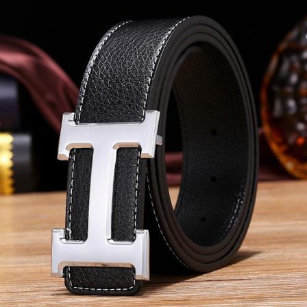 Ny Stil Business Fritid Ægte PU Læder H Glat Spænde Litchi Korn Bælte Til Mænd (FMY) Sort Sølv