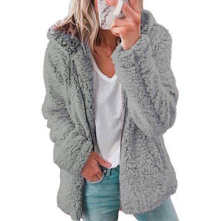 Dame Fleece Fluffy Hættetrøje Langærmet Jakke Vinter Varm Teddybjørn Cardigan Lysegrå