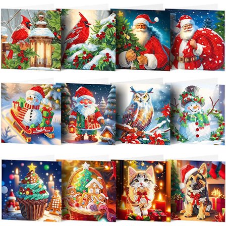 12-pak DIY 5D Diamantmaleri Julekort Kit til Voksne Julemand Kardinal Fugl Snemand Diamant Kunst Lykønskningskort med Kuvert