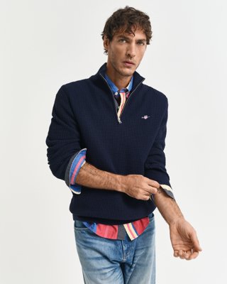 GANT - Teksturert bomullsgenser med half-zip til herre evening blue