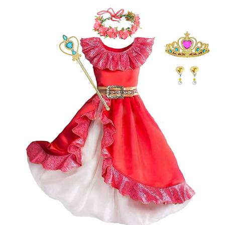 Elena fra Avalor Prinsesse Kostyme Jente Disney Anime Rollespill Klær Halloween Karneval Cosplay Antrekk Barn Rød Rufflet Lang Kjole Elena Sett 02 