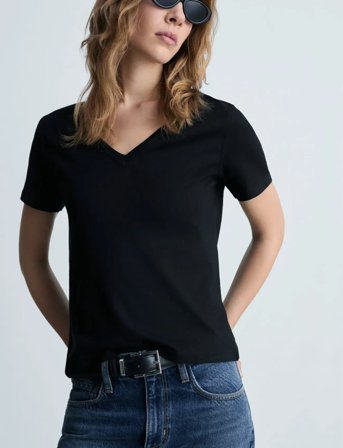 Mango V-Neck Cotton T-Shirt - Black - XS