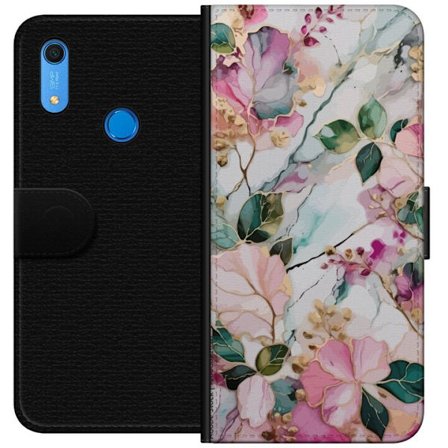 Kompatibel Tegnebogsetui til Huawei Y6s (2019) Abstrakt marmormønster med blomster, blade og gyldne detaljer i bløde pastelfarver
