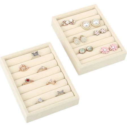 Lille smykke bakke ring organizer, 2 stk Premium Velvet Ring Ørering Display Bakke Opbevaring Indsats Holder (8 rum, Beige)